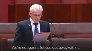 Malcolm Roberts gives a temporary victory speech on the war against the UN and WHO